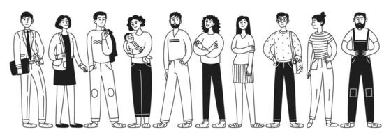 Set of characters depicting many different businessmen or office workers, multicultural concept. Person, full length. Black and white doodle style vector