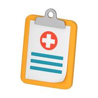 3D medical card, clipboard with notes and cross, report, health data, medical history concept. 3D illustration isolated on white background vector