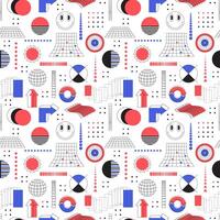 Seamless pattern with abstract graphic elements and bold geometric shapes. Circles, wave, grid, arrows. Red and blue color objects in brutalism, bauhaus style. design on white background vector