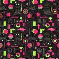 Seamless pattern with abstract geometric shapes, bold elements. Inspired by brutalism, retro futurism style. For web design, poster, cover, textile. Acid neon green and pink on black. vector