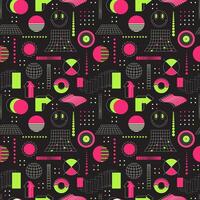 Seamless pattern with abstract geometric shapes, bold elements. Inspired by brutalism, retro futurism style. For web design, poster, cover, textile. Acid neon green and pink on black. vector