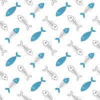 Simple seamless pattern with fish and a fish skeleton. For pet products design. Cartoon flat illustrations on white background. vector