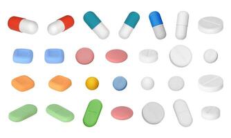 Set of different 3D pills. Medicines, tablets, capsules, drug of painkillers, antibiotics, vitamins. Healthcare medicines. illustration in cartoon minimal style isolated on white vector