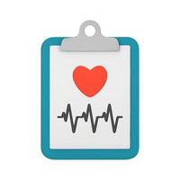3d medical document with heart and cardiogram. Heart diagnostic, electrocardiography service, ECG procedure. Healthcare, Medical icon. 3D illustration isolated on white background vector