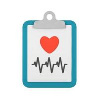 3d medical document with heart and cardiogram. Heart diagnostic, electrocardiography service, ECG procedure. Healthcare, Medical icon. 3D illustration isolated on white background vector