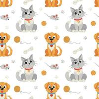 Seamless pattern with pets and toys for pets. Cute, smiling cat, dog, characters. Cartoon Flat illustrations on white background. vector