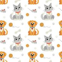 Seamless pattern with pets and toys for pets. Cute, smiling cat, dog, characters. Cartoon Flat illustrations on white background. vector