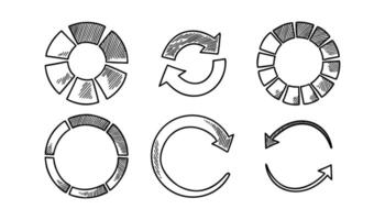 Set of loading circles in doodle style. Sketch download icon. Progress user interface infographic. Recycle symbol. Pie diagram statistic chart. vector