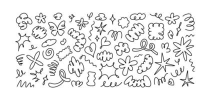 Hand drawn playful organic irregular doodle shapes and stickers. Modern brutalism and y2k sketchy design elements. Flower, heart, star, butterfly, spring, cloud, spiral abstract scribble drawing. vector