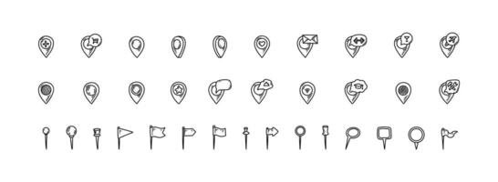 Location pin and flag icons set. Doodle location marker. Sketch restaurant, gym, bar, airport, hospital, store, university pinpoint. Hand drawn gps navigation mark. vector