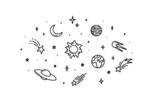 Cute line doodle space background. Childish illustration. Hand drawn planets, sun, moon, stars, satellite. Saturn rings. Sketch twinkle, starburst, sparks. Night starry sky vector