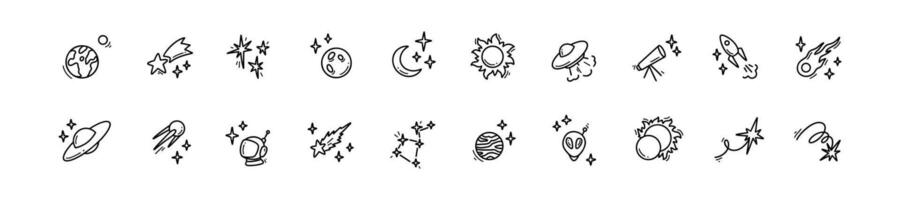 Doodle outer space cosmic icons set. Planets, constellation, spacecraft, rocket hand drawn linear illustration. Falling stars and comets. Alien ship. Astronomy science and astrology concept. vector