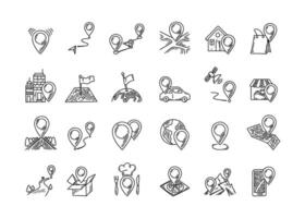 GPS map pin doodle icons set. Hand drawn travel destinations signs and pictograms. Sketch location points. vector