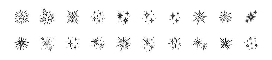 Doodle star icon set. Sparkle glitter elements. Merry Christmas and happy New year decorations, confetti, firework. Shiny blink, sparkle lights, bling, twinkle crayon drawing vector