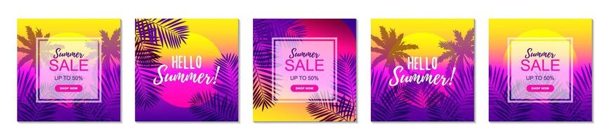 Set of summer square designs. illustration. Colorful tropical poster. Social media post template vector