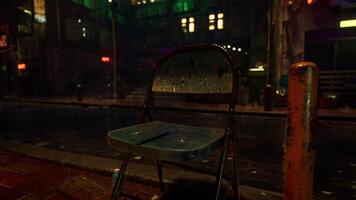 Neon-lit Chair on Rainy Night Street video