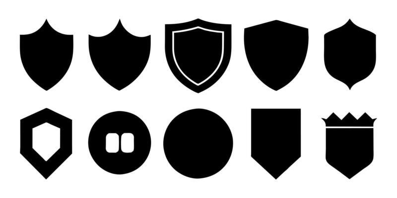 Beautiful set of shields silhouettes. Black badges shape label collection for military, police, soccer and others.