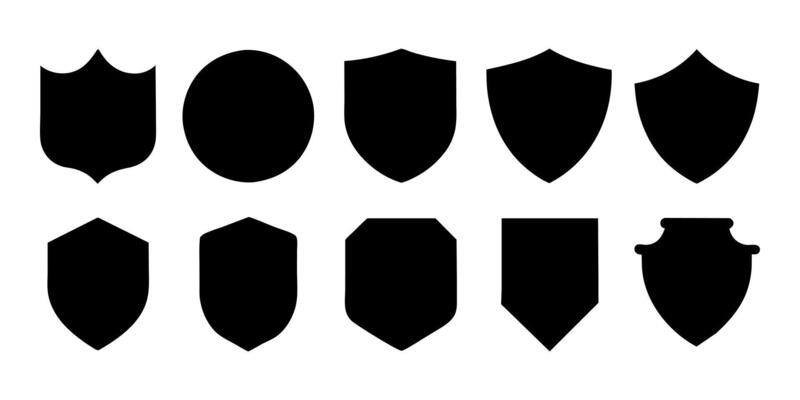 Beautiful set of shields silhouettes. Black badges shape label collection for military, police, soccer and others.