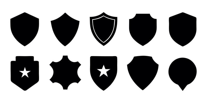 Beautiful set of shields silhouettes. Black badges shape label collection for military, police, soccer and others.