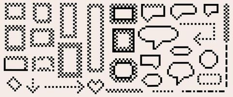 Pixel art frames. Black and white pixel frames, message bubbles, arrows and other shapes in pixel retro style vector