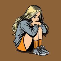 a drawing of a sad girl with a long blonde hair vector