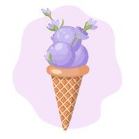 lavanda hielo crema. Tres pelotas de cremoso dulce postre en un gofre cono. púrpura sorbete. ilustración en blanco antecedentes. vector