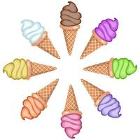 A set of ice cream with different flavors in waffle cones. illustration isolated on white background. vector