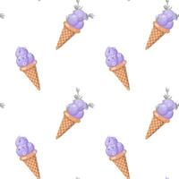 Lavender ice cream. Three scoops of creamy sweet dessert in a waffle cone. Purple sorbet. Seamless pattern. illustration. vector