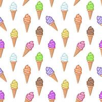 Multi-colored fruit ice cream in waffle cones. Seamless pattern. illustration. vector