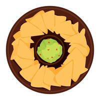 Round brown ethnic plate with Mexican corn nachos and guacamole sauce vector