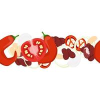 Seamless border of Mexican vegetables chili pepper, tomato, beans and garlic vector