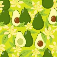 Exotic seamless pattern of avocado, leaves and flowers on a green background vector