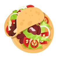 Composition of a rolled taco with filling and an unwrapped Mexican taco with beans, lettuce, onions, tomatoes vector