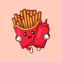 Cute french fries holding ketcup sauce cartoon icon illustration food holiday icon isolated vector