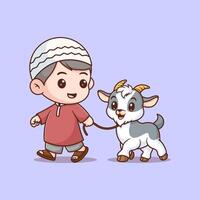 Cute boy moslem with goat for eid al adhah vector