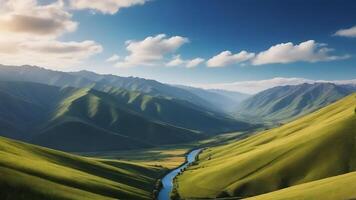 ai generado un hermosa Valle con un río corriendo mediante eso foto