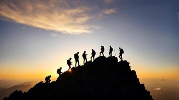 AI generated silhouette of people standing on top of a mountain at sunset photo