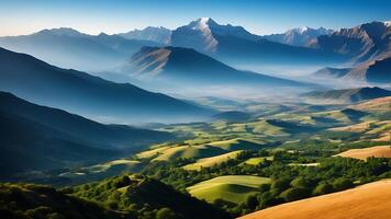 AI generated a beautiful view of mountains and valleys in the morning photo