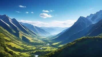 ai generado un asombroso Valle con verde campos, un río, y imponente montañas debajo un claro cielo foto