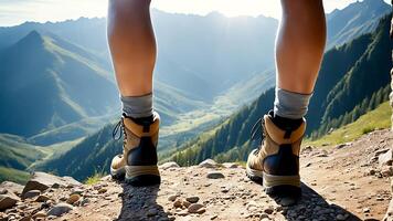 ai generado un persona vistiendo excursionismo botas en pie en un montaña foto