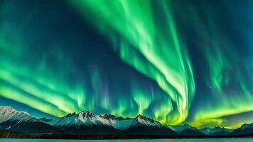 AI generated Aurora borealis, northern lights over snowy mountain range in winter photo