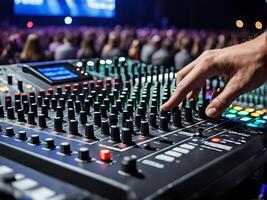 AI generated Close up of hand mixing music on midi controller in concert hall photo