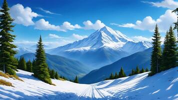 AI generated A serene landscape with a snow-covered path leading to a mountain, surrounded by green trees under a blue sky photo