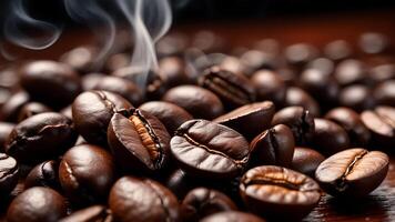 AI generated coffee beans are on a table with smoke coming out of them photo