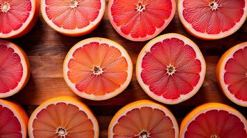 AI generated Slices of grapefruits on wooden background. Top view. photo
