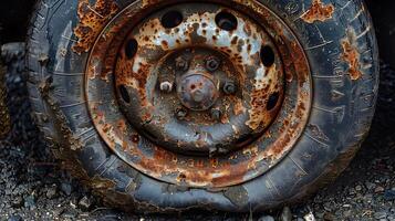 AI generated A rusty, old tire with worn-out treads and corroded rim, showcasing neglect and decay photo