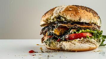 moldy stale burger with lettuce, tomato and cucumber on a white background photo