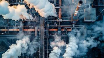 aerial view of industrial plant with smoke from chimney and pipes photo