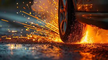 AI generated A cars tire skidding, creating bright, dynamic sparks on a wet road at night photo