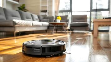 Robotic vacuum cleaner on floor in living room. photo